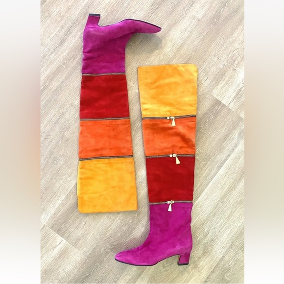 Anne Klein COUTURE Color Block‎ Leather Suede Knee High Zip Boots 6.5 Pink 80s - Picture 2 of 14